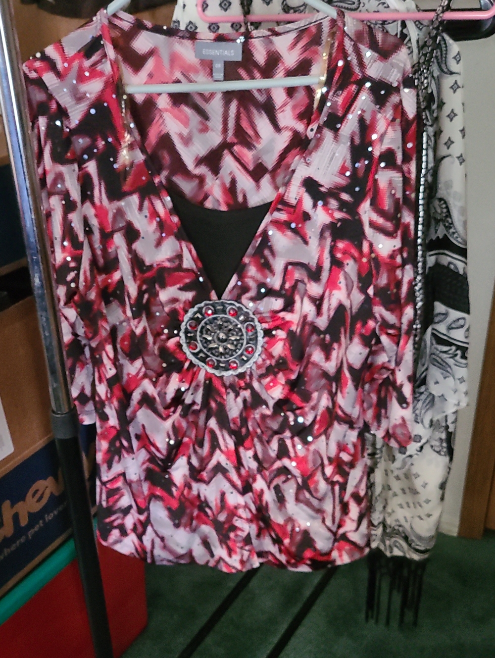Essentials Pink & Black Embellished V-Neck Top